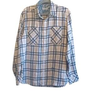 JOHN LENNON XL 17.5 Plaid Blue White Button Up Shirt Embroidered Peace Sign Trim